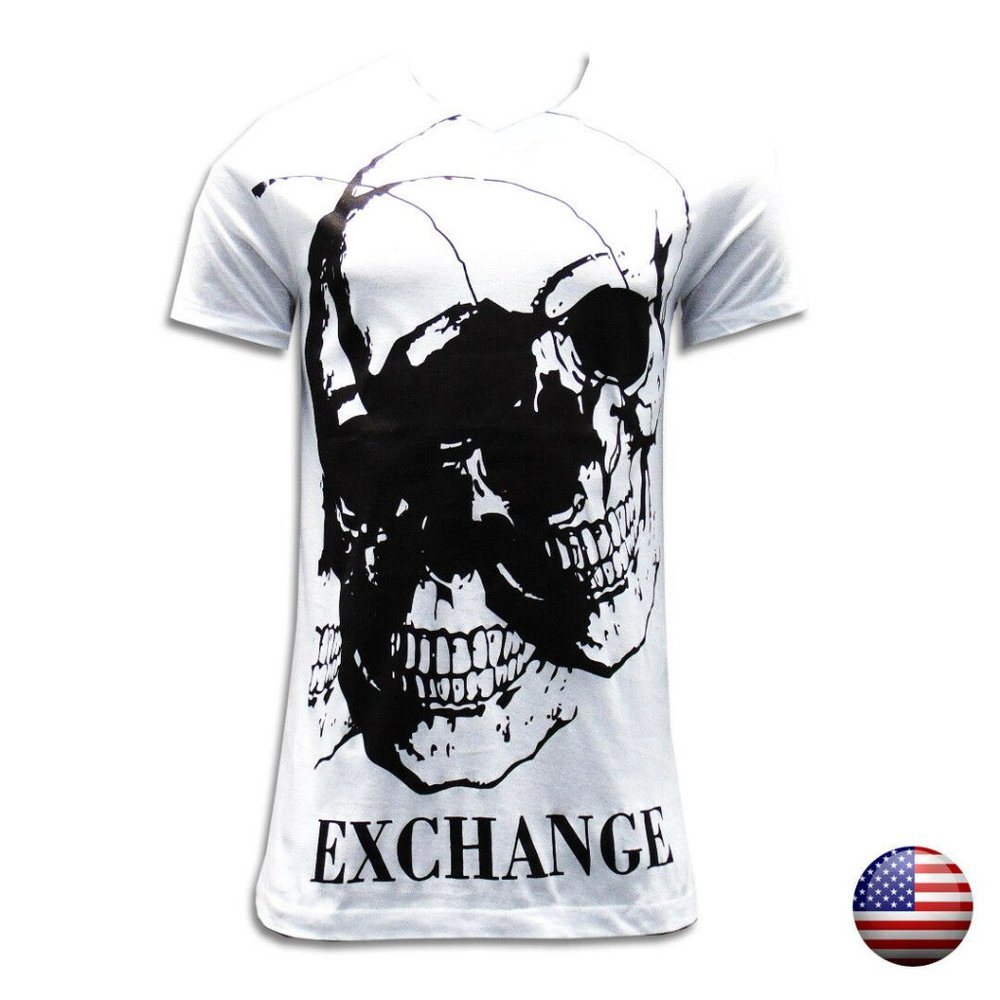 NWT EXCHANGE SKULL GOTHIC METAL MEN'S WHITE V-NECK SHORT SLEEVE T-SHIRT SIZE S